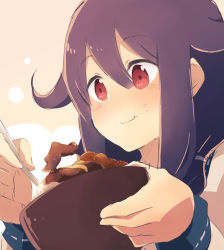 Rule 34 | 10s, 1girl, black hair, blush, bowl, chopsticks, eating, face, food, food on face, hair flaps, harunagi, kantai collection, long hair, long sleeves, low twintails, red eyes, rice, rice on face, smile, solo, taigei (kancolle), twintails
