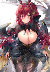 Rule 34 | 1girl, absurdres, animal ears, bird wings, black collar, black dress, black ribbon, black wings, blush, breasts, bridal gauntlets, brown pantyhose, cleavage, closed mouth, collar, cowboy shot, daefny, dress, feathered wings, fingernails, frilled collar, frills, hair between eyes, hair ornament, hair ribbon, highres, large breasts, long hair, long sleeves, looking at viewer, nail polish, original, pantyhose, rabbit ears, red eyes, red hair, red nails, ribbon, see-through, smile, solo, spread wings, standing, wings
