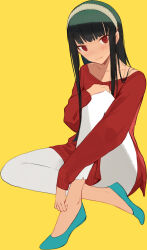 Rule 34 | 1girl, absurdres, black hair, blue footwear, closed mouth, full body, hairband, highres, knee up, light smile, looking at viewer, on ground, pants, peter pan (adtc7243), red eyes, red sweater, simple background, solo, spy x family, sweater, white hairband, white pants, yellow background, yor briar