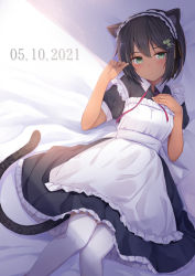 Rule 34 | 1girl, animal ears, apron, black hair, breasts, closed mouth, dated, dress, frilled hairband, frills, from above, fuji kakei, green eyes, hairband, hand on own chest, highres, looking at viewer, lying, maid, maid apron, neck ribbon, on back, original, pink ribbon, ribbon, short sleeves, small breasts, solo, tail, thighhighs, white thighhighs