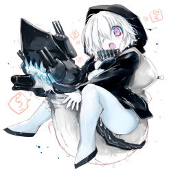 Rule 34 | 10s, 1girl, abyssal ship, black bra, blush, bra, breasts, glowing, glowing eyes, hood, jacket, kantai collection, open clothes, open jacket, open mouth, pale skin, pink eyes, re-class battleship, sakaki (noi-gren), scarf, short hair, simple background, small breasts, solo, underwear, white background, white hair, wince