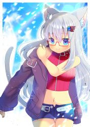 Rule 34 | 1girl, animal ear fluff, animal ears, bare shoulders, belt, belt buckle, blue eyes, blue shorts, breasts, brown jacket, buckle, cat ears, cat girl, cat tail, closed mouth, copyright request, cowboy shot, dressing, hair between eyes, hair ornament, hand up, jacket, jewelry, kou hiyoyo, long hair, long sleeves, looking at viewer, medium breasts, navel, off shoulder, open clothes, open jacket, red-framed eyewear, red sweater, ribbed sweater, ring, semi-rimless eyewear, short shorts, shorts, silver hair, sleeveless, sleeveless sweater, sleeves past wrists, smile, solo, sweater, tail, thigh gap, under-rim eyewear, very long hair, virtual youtuber, white belt