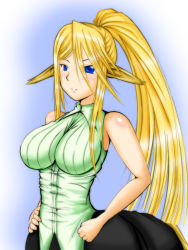 Rule 34 | 10s, 1girl, animal ears, blonde hair, blue eyes, breasts, centaur, centorea shianus, hands on own hips, horse ears, impossible clothes, impossible shirt, kaneri, large breasts, long hair, monster girl, monster musume no iru nichijou, pointy ears, ponytail, shirt, skirt, sleeveless, smile, solo, taur, very long hair