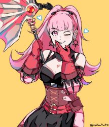 Rule 34 | 1girl, axe, belt, breasts, cleavage, earrings, female focus, fire emblem, fire emblem: three houses, freikugal (weapon), gloves, graysheartart, grin, heart, heroes relic (fire emblem), hilda valentine goneril, holding, holding axe, holding weapon, hoop earrings, jewelry, large breasts, long hair, matching hair/eyes, nintendo, aged up, one eye closed, pink eyes, pink hair, ponytail, red gloves, simple background, smile, solo, twitter username, upper body, weapon, wink, yellow background