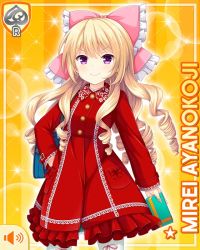 Rule 34 | 1girl, ayanokoji mirei, blonde hair, blouse, bow, card, character name, chocolate, closed mouth, curly hair, drill hair, girlfriend (kari), green skirt, hair ornament, holding, jacket, long hair, official art, ouju, pink bow, plaid, plaid skirt, purple eyes, qp:flapper, red jacket, ringlets, shirt, shoes, skirt, smile, solo, standing, tagme, v-shaped eyebrows, very long hair, white legwear, white shirt, yellow background