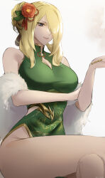 Rule 34 | 1girl, alternate costume, alternate hairstyle, artist name, bare shoulders, blonde hair, breasts, china dress, chinese clothes, chinese zodiac, closed mouth, clothing cutout, commentary, creatures (company), crossed legs, cynthia (pokemon), dress, english commentary, feather boa, flower, game freak, green dress, grey eyes, hair bun, hair flower, hair ornament, hair over one eye, highres, holding, large breasts, long hair, looking at viewer, nintendo, pokemon, pokemon dppt, side slit, sitting, sleeveless, sleeveless dress, smile, tommy (kingdukeee), year of the dragon