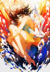 Rule 34 | 1girl, bare arms, bare legs, bare shoulders, barefoot, blue background, blue eyes, bow, brown hair, commentary request, dress, feet, full body, highres, knees up, large bow, looking at viewer, messy hair, mika pikazo, multicolored background, original, red background, sleeveless, smile, solo, teeth, underwater, water, white background, white bow