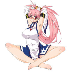 Rule 34 | 1girl, animal ears, arc system works, armpits, arms up, barefoot, blush, borrowed character, breasts, cosplay, crossed legs, feet, glasses, guilty gear, hair rings, highres, huge breasts, kuradoberi jam, kuradoberi jam (cosplay), large breasts, long hair, makai, nail polish, original, pink eyes, pink hair, simple background, sitting, solo, srco, toe-point, white background