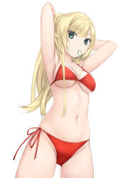 Rule 34 | 1girl, armpits, arms behind head, arms up, bikini, blonde hair, blush, breasts, check copyright, cleavage, closed mouth, coffee-kizoku, commentary request, copyright request, cowboy shot, from below, green eyes, groin, hair tie, halterneck, highres, kimi shini tamou ryuuseigun, long hair, looking at viewer, looking down, medium breasts, morita imari, mouth hold, navel, red bikini, red ribbon, ribbon, side-tie bikini bottom, simple background, solo, stomach, string bikini, swimsuit, thighs, tying hair, underboob, white background