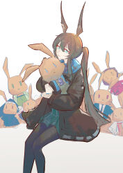 Rule 34 | 1girl, absurdres, amiya (arknights), animal ear fluff, animal ears, arknights, black jacket, black pantyhose, blue skirt, brown hair, closed mouth, commentary, feet out of frame, grey background, hair between eyes, highres, jacket, long hair, long sleeves, looking at viewer, naoel (naoel art), hugging object, open clothes, open jacket, pantyhose, ponytail, puffy long sleeves, puffy sleeves, rabbit ears, sidelocks, sitting, sketch, skirt, sleeves past wrists, solo, stuffed animal, stuffed rabbit, stuffed toy, very long hair, white background