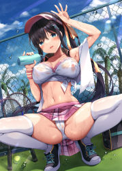 Rule 34 | 1girl, arm up, armpits, ass, bag, ball, black footwear, black hair, blue eyes, bottle, breasts, cameltoe, chain-link fence, cleft of venus, collared shirt, covered erect nipples, crop top, day, duffel bag, fence, floating hair, hair ornament, hand up, highres, holding, kinokomushi, large breasts, long hair, looking at viewer, midriff, miniskirt, mole, mole on breast, navel, open mouth, original, outdoors, panties, pink skirt, plaid, plaid skirt, ponytail, cameltoe, racket, revealing clothes, see-through, shirt, shoes, side-tie shirt, sidelocks, skindentation, skirt, sleeveless, sleeveless shirt, smile, sneakers, solo, squatting, stomach, sweat, sweatband, tennis ball, tennis racket, thighhighs, thighs, towel, underwear, very long hair, visor cap, wet, wet clothes, wet shirt, white panties, white shirt, white thighhighs, x hair ornament