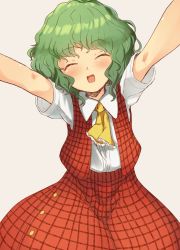Rule 34 | 1girl, ^ ^, aged down, ascot, child, closed eyes, collared shirt, commentary, cowboy shot, dress, green hair, highres, kazami yuuka, long skirt, medium hair, open mouth, outstretched arms, plaid, plaid skirt, plaid vest, reaching, reaching towards viewer, red dress, red skirt, red vest, ripu (lipi), shirt, short sleeves, simple background, skirt, smile, symbol-only commentary, touhou, vest, wavy hair, white shirt, yellow ascot
