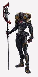 Rule 34 | 1boy, armor, axe, black armor, character request, clenched hand, full body, godai yusuke, grey footwear, highres, holding, holding polearm, holding weapon, male focus, mask, original, polearm, power armor, power suit, simple background, solo, standing, weapon, white background