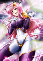 Rule 34 | 00s, 1girl, blue eyes, bodysuit, breasts, crossover, g gundam, gundam, gundam seed, gundam seed destiny, hair ornament, highres, large breasts, long hair, looking at viewer, meer campbell, mobile trace suit, open mouth, parody, pink hair, skin tight, solo, star (symbol), star hair ornament, suga leon