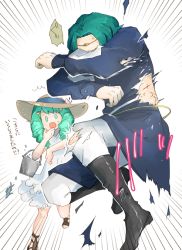 Rule 34 | 1boy, 1girl, alternate costume, boots, brother and sister, bucket, dress, father and daughter, fire emblem, fire emblem: three houses, fish, flayn (fire emblem), green eyes, green hair, hair ornament, hat, long hair, long sleeves, nintendo, open mouth, robaco, seteth (fire emblem), short hair, siblings, simple background, sleeveless, sleeveless dress, straw hat, torn clothes, white dress