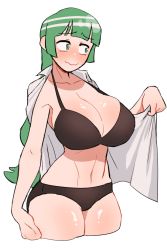 Rule 34 | 1girl, black bra, black panties, blunt bangs, blush, bra, breasts, commentary request, constricted pupils, cropped legs, drawlomong24, embarrassed, green eyes, green hair, highres, korean commentary, large breasts, long hair, looking away, looking to the side, low-tied long hair, open clothes, open shirt, original, panties, shirt, shirt on shoulders, simple background, smile, solo, underwear, undressing, wavy hair, white background, white shirt