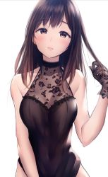 Rule 34 | 1girl, bare shoulders, black gloves, black shirt, blush, breasts, brown eyes, brown hair, collarbone, covered navel, floral print, gloves, halterneck, long hair, looking at viewer, medium breasts, original, parted lips, shirt, simple background, solo, stenciled rose, takeashiro, white background