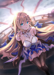 Rule 34 | 1girl, absurdres, armor, armored dress, bianka durandal ataegina, bianka durandal ataegina (bright knight: excelsis), black gloves, black thighhighs, blonde hair, blue eyes, blue sky, breasts, cleavage, closed mouth, cloud, cloudy sky, desk, dress, earrings, elbow gloves, faaallen, gloves, highres, honkai (series), honkai impact 3rd, indoors, jewelry, long hair, looking at viewer, on desk, sitting, on desk, sky, sleeveless, sleeveless dress, smile, solo, sunrise, thighhighs, wavy hair