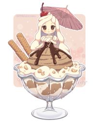 Rule 34 | 1girl, artist name, blush, brown dress, brown eyes, cherry, chibi, chocolate, closed mouth, dav-19, dress, food, food-themed clothes, fruit, holding, holding umbrella, ice cream, in food, lace background, long hair, original, personification, pink umbrella, puffy short sleeves, puffy sleeves, short sleeves, smile, solo, transparent background, umbrella, very long hair, wafer stick, watermark, web address, white hair