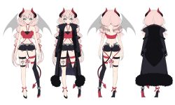 Rule 34 | 1girl, absurdres, ankkoyom, arms at sides, asymmetrical footwear, asymmetrical legwear, bare shoulders, blue eyes, bustier, character sheet, coat, commentary request, contrapposto, cuffs, demon girl, demon horns, demon tail, demon wings, finger to mouth, flat color, full body, fur trim, hair ornament, hairclip, high heels, highres, horns, index finger raised, long hair, midriff, mismatched footwear, multiple views, navel, original, pink hair, shackles, short shorts, shorts, smile, tail, thigh strap, uneven legwear, white background, wings