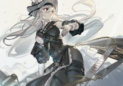 Rule 34 | 1girl, arknights, bare shoulders, black dress, black nails, black pantyhose, breasts, chain, closed mouth, detached sleeves, dress, gold chain, grey hair, hair between eyes, holding, holding weapon, lanzi (415460661), large breasts, long hair, long sleeves, looking back, nail polish, pantyhose, pelvic curtain, red eyes, simple background, solo, specter (arknights), specter the unchained (arknights), thigh strap, two-tone dress, very long hair, weapon, white background, white dress, white headwear