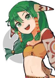 Rule 34 | 1girl, bad id, bad twitter id, breasts, commentary request, feena (grandia), grandia, grandia i, green eyes, green hair, hair ornament, hair tubes, jewelry, long hair, looking at viewer, low-tied long hair, midriff, navel, simple background, smile, solo, white background