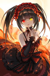 Rule 34 | 1girl, bare shoulders, black hair, breasts, cleavage, clock eyes, collarbone, date a live, detached sleeves, dress, gekka nanako, hairband, heterochromia, highres, index finger raised, lolita fashion, lolita hairband, long hair, looking at viewer, medium breasts, red dress, red eyes, revision, shiny skin, smile, solo, symbol-shaped pupils, tokisaki kurumi, tongue, tongue out, twintails, yellow eyes