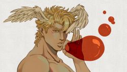 Rule 34 | 1boy, battle tendency, blonde hair, bubble, blowing bubbles, caesar anthonio zeppeli, catneylang, collarbone, commentary, english commentary, eyebrows hidden by hair, facial mark, feathered wings, fingernails, green eyes, hand up, head wings, highres, hydrokinesis, jojo no kimyou na bouken, looking at viewer, looking to the side, male focus, nude, ok sign, portrait, short hair, solo, texture, water, wings