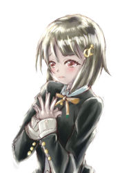 Rule 34 | 1girl, absurdres, artist name, artist request, black jacket, blush, breasts, brown hair, buttons, cardigan, cardigan vest, collared shirt, crescent, crescent hair ornament, female focus, grey hair, hair ornament, highres, jacket, kingan, light brown hair, long sleeves, looking at viewer, love live!, love live! nijigasaki high school idol club, myopia, nakasu kasumi, neck ribbon, nijigasaki academy school uniform, own hands together, parted lips, purple eyes, red eyes, ribbon, school uniform, shirt, short hair, small breasts, smile, solo, upper body, vest, white background, white shirt, yellow cardigan, yellow ribbon, yellow vest