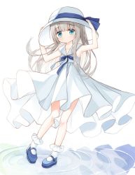 Rule 34 | 1girl, arms up, bare arms, blue eyes, blue footwear, blush, bobby socks, closed mouth, collarbone, commentary request, dress, grey hair, hands on headwear, hat, healer girl (yuuhagi (amaretto-no-natsu)), long hair, original, ripples, shoes, sleeveless, sleeveless dress, socks, solo, sun hat, very long hair, water, white background, white dress, white hat, white socks, yuuhagi (amaretto-no-natsu)