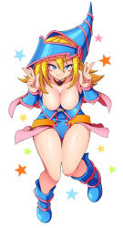 Rule 34 | 1girl, absurdres, bare legs, bare shoulders, blonde hair, blue dress, blue eyes, blue footwear, blue headwear, blush, boots, breasts, cape, choker, cleavage, collarbone, dark magician girl, double v, dress, floating, full body, hat, hexagram, highres, large breasts, lips, long hair, looking at viewer, magical girl, pink cape, sleeveless, sleeveless dress, smile, star (symbol), starry background, v, white background, witch, witch hat, wristband, yu-gi-oh!, zeshgolden