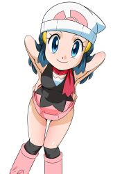 Rule 34 | 1girl, blue eyes, blue hair, blush, boots, breasts, creatures (company), curvy, dawn (pokemon), female focus, game freak, hainchu, looking at viewer, looking down, nintendo, pokemon, pokemon (anime), pokemon dppt (anime), shiny skin, skirt, small breasts, smile, solo, thighs