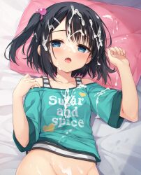 Rule 34 | 1girl, aqua shirt, bare shoulders, bed sheet, black hair, blue eyes, blush, breasts, clothes writing, cofetaru, collarbone, commentary, covered erect nipples, cum, cum on bed, cum on body, cum on clothes, cum on hair, cum on stomach, dracu-riot!, english text, facial, fingernails, groin, hair between eyes, hair bobbles, hair ornament, hairclip, hands up, head on pillow, heart, heart print, highres, looking at viewer, lying, mera azusa, off-shoulder shirt, off shoulder, on back, one side up, open mouth, out-of-frame censoring, pillow, pink pillow, saliva, shirt, short hair, short sleeves, small breasts, solo, teeth, tsurime, upper body, upper teeth only, wide sleeves
