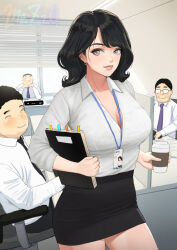 Rule 34 | 1girl, 3boys, black hair, black skirt, breasts, chair, cleavage, coffee, collared shirt, cup, desk, dress shirt, earrings, holding, holding cup, id card, indoors, jewelry, lanyard, large breasts, long sleeves, looking at another, looking at viewer, medium hair, mezzo (orbanga21), miniskirt, multiple boys, notebook, office, office chair, office lady, original, paid reward available, parted bangs, parted lips, pencil skirt, pink eyes, salaryman, shirt, shirt tucked in, sitting, skirt, sleeves rolled up, smile, standing, swivel chair, white shirt