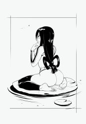 Rule 34 | 10s, 1girl, ass, asui tsuyu, barefoot, belt, boku no hero academia, dandon fuga, finger to mouth, from behind, hip focus, kneeling, legs, lineart, long hair, monochrome, simple background, solo, thick thighs, thighs, very long hair