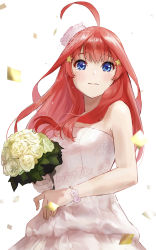 Rule 34 | 1girl, :d, ahoge, bare shoulders, blue eyes, blunt bangs, blush, bouquet, closed mouth, commentary request, confetti, dress, floral print, flower, go-toubun no hanayome, hair ornament, highres, holding, holding bouquet, ishiyuki, long hair, looking at viewer, nakano itsuki, open mouth, pink hair, revision, simple background, smile, solo, star (symbol), star hair ornament, tearing up, tears, wedding dress, white background
