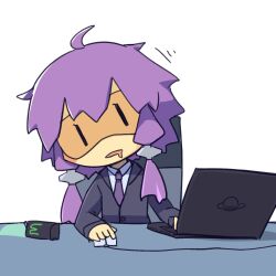 Rule 34 | 1girl, ahoge, black jacket, chair, chibi, commentary, computer, covered eyes, drooling, eye print, formal, head tilt, highres, jacket, konohoshi, laptop, monster energy, mouse (computer), mouth drool, necktie, office lady, open mouth, purple hair, purple necktie, sidelocks, sketch, sleep mask, sleeping, sleeping upright, solo, spill, suit, vocaloid, voiceroid, yuzuki yukari, | |