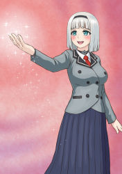 Rule 34 | 10s, 1girl, anna nishikinomiya, aqua eyes, bad perspective, blue skirt, blush, breasts, buttons, choker, collared shirt, commentary request, double-breasted, eyebrows, gradient background, grey jacket, hairband, highres, jacket, long skirt, long sleeves, looking to the side, mitsu (komainumilk), necktie, open mouth, outstretched arm, pink background, pleated skirt, red necktie, school uniform, shimoneta to iu gainen ga sonzai shinai taikutsu na sekai, shirt, short hair, silver hair, skirt, smile, solo, sparkle, wristband