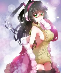 Rule 34 | 1girl, :o, aran sweater, backless dress, backless outfit, black hair, black thighhighs, blunt bangs, breasts, cable knit, coat, cowboy shot, dress, floating hair, fur-trimmed sleeves, fur trim, glasses, green eyes, halterneck, large breasts, long hair, looking at viewer, meme attire, no bra, nukemichi, open mouth, pop&#039;n music, red-framed eyewear, ribbed sweater, semi-rimless eyewear, sideboob, solo, sweater, sweater dress, thighhighs, thighs, turtleneck, turtleneck sweater, two side up, virgin killer sweater, zettai ryouiki