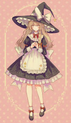 Rule 34 | 1girl, adapted costume, apron, back bow, black footwear, blonde hair, bow, bowtie, braid, buttons, dotted background, footwear bow, frilled apron, frills, full body, hair ribbon, hat, hat bow, hat ornament, hat ribbon, highres, hourai kiriri, kirisame marisa, long hair, long sleeves, looking at viewer, mary janes, parted lips, pink background, red bow, red bowtie, red ribbon, ribbon, sash, shoes, single braid, socks, solo, standing, star (symbol), star hat ornament, touhou, tress ribbon, waist apron, white apron, white sash, white socks, witch hat, yellow eyes