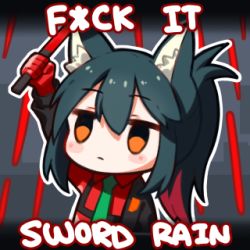 Rule 34 | 1girl, animal ear fluff, animal ears, arknights, arm up, black hair, black jacket, blush, censored, censored text, chibi, collared shirt, colored inner hair, english text, expressionless, green necktie, greypidjun, hair between eyes, holding, holding sword, holding weapon, jacket, long hair, lowres, multicolored hair, necktie, official alternate costume, open clothes, open jacket, ponytail, profanity, red hair, red shirt, shirt, solo, sword, texas (arknights), texas (willpower) (arknights), upper body, weapon, wolf ears