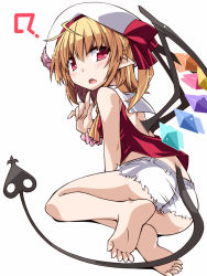 Rule 34 | 1girl, ?, adapted costume, ascot, ass, back cutout, barefoot, blonde hair, blush, clothing cutout, demon wings, feet, finger to own chin, flandre scarlet, from behind, hat, hat ribbon, hemogurobin a1c, laevatein (tail), looking at viewer, looking back, pointy ears, red eyes, red ribbon, ribbon, short shorts, shorts, simple background, sitting, soles, solo, tail, toes, touhou, vest, white background, white shorts, wings, wrist cuffs