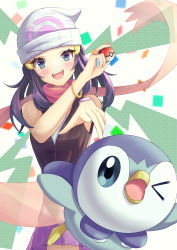 Rule 34 | 1girl, :d, absurdres, beanie, blue eyes, blush, bracelet, commentary request, creatures (company), dawn (pokemon), eyebrows visible through hat, eyelashes, floating scarf, game freak, gen 4 pokemon, hands up, hat, highres, holding, holding poke ball, jewelry, looking at viewer, md5 mismatch, nintendo, open mouth, piplup, pointing, poke ball, poke ball (basic), pokemon, pokemon (creature), pokemon dppt, poketch, purple skirt, resolution mismatch, scarf, shirt, skirt, sleeveless, sleeveless shirt, smile, source smaller, teeth, tongue, upper teeth only, watch, white headwear, wristwatch, yoyon b