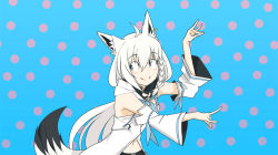 Rule 34 | 1girl, ahoge, animal ears, blue background, blue eyes, blush, braid, breasts, closed mouth, commentary, detached sleeves, earrings, eizouken ni wa te wo dasu na!, fox ears, fox shadow puppet, fox tail, hair between eyes, hololive, hood, hoodie, hopper, jewelry, long hair, looking to the side, midriff, navel, parody, patterned background, polka dot, polka dot background, shirakami fubuki, shirakami fubuki (1st costume), side braid, simple background, small breasts, smile, solo, tail, upper body, virtual youtuber, white hair, white hoodie, wide sleeves