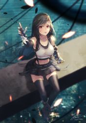 Rule 34 | 1girl, arm up, black gloves, black hair, black skirt, black thighhighs, blurry, blurry background, blush, breasts, collarbone, crop top, fadingz, final fantasy, final fantasy vii, final fantasy vii remake, fingerless gloves, from above, full body, gloves, highres, large breasts, long hair, looking at viewer, looking up, midriff, miniskirt, navel, parted lips, pleated skirt, reaching, reaching towards viewer, red eyes, signature, sitting, skirt, solo, sparkle, square enix, stomach, suspender skirt, suspenders, swept bangs, thighhighs, tifa lockhart, very long hair, zettai ryouiki