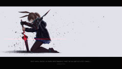 Rule 34 | 1girl, absurdres, amiya (arknights), amiya (guard) (arknights), animal ears, arknights, black jacket, black pantyhose, blue skirt, brown hair, english text, from side, glowing, grey background, highres, holding, holding sword, holding weapon, jacket, kneeling, letterboxed, long sleeves, miniskirt, niuy, official alternate costume, pantyhose, planted, planted sword, planted weapon, pleated skirt, ponytail, rabbit ears, revision, simple background, skirt, solo, sword, weapon