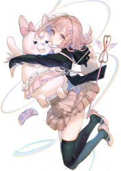 Rule 34 | 1girl, absurdres, animal ears, backpack, bag, black jacket, black thighhighs, blush stickers, bow, breasts, cable, commentary request, controller, danganronpa (series), danganronpa 2: goodbye despair, ear ribbon, flipped hair, frills, full body, game controller, hair ornament, hairclip, highres, hood, hug, jacket, legs up, light brown hair, long sleeves, looking at viewer, medium hair, miniskirt, nanami chiaki, open clothes, pink eyes, pink footwear, pink hair, pleated skirt, rumoon, shirt tucked in, shoes, skindentation, skirt, staff, thighhighs, usami (danganronpa), white background, wings