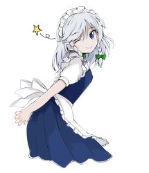 Rule 34 | 1girl, arms behind back, blue eyes, blush, closed mouth, grey hair, highres, ibara kashipan, izayoi sakuya, looking at viewer, maid, maid headdress, one eye closed, own hands clasped, own hands together, short hair, short sleeves, smile, solo, star (symbol), touhou