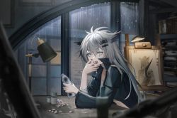 Rule 34 | 1girl, animal ears, arknights, bandaged arm, bandaged neck, bandages, black jacket, blue eyes, bookshelf, bottle, canvas (object), crying, crying with eyes open, desk, eating, grey hair, highres, holding, holding bottle, indoors, jacket, lappland (arknights), long hair, long sleeves, open clothes, open jacket, open mouth, painting (object), pill, puddle, rain, scar, scar across eye, scar on face, scenery, sharp teeth, shisangeashi, sitting, solo, strapless, table, tears, teeth, tube top, upper body, very long hair, water, water bottle, window, wolf ears