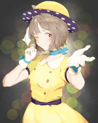 Rule 34 | 1girl, absurdres, artist name, artist request, blue bow, blue choker, blush, bow, bow gloves, breasts, brown hair, buttons, choker, collarbone, collared shirt, female focus, gloves, grey hair, hat, hat bow, headphones, highres, light brown hair, looking at viewer, love live!, love live! nijigasaki high school idol club, love live! school idol festival, medium breasts, nakasu kasumi, one eye closed, parted lips, polka dot, polka dot headwear, polka dot skirt, poppin&#039; up (love live!), puffy short sleeves, puffy sleeves, purple eyes, rasa (rasak gt), reaching, reaching towards viewer, red eyes, shirt, short hair, short sleeves, skirt, smile, solo, white bow, white gloves, yellow hat, yellow shirt, yellow skirt